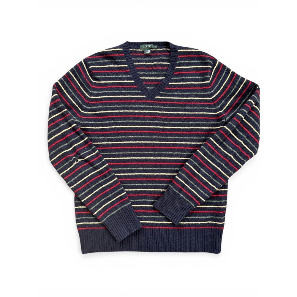 J.Crew‎ V-Neck Sweater Women M Navy Blue Fair Striped Lambswool Pullover